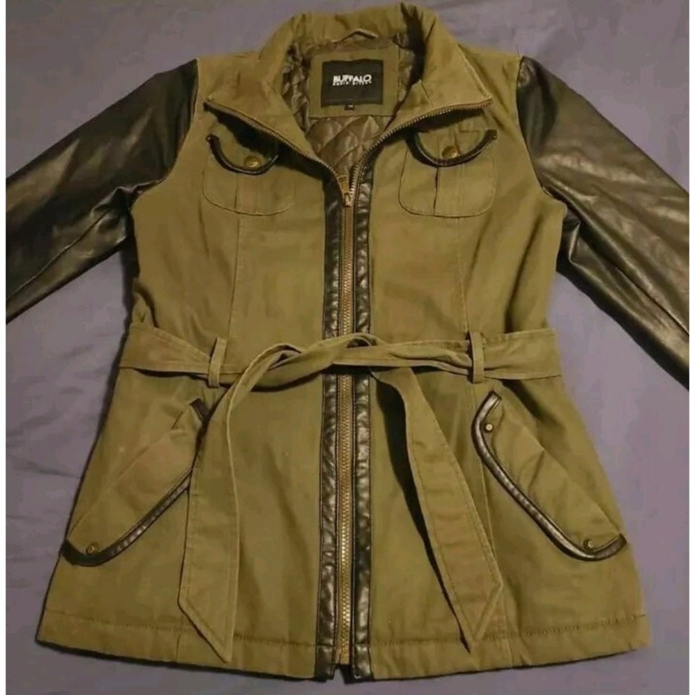 Buffalo David Bitton Olive Green Utility Jacket Faux Leather Sleeves Womens M
